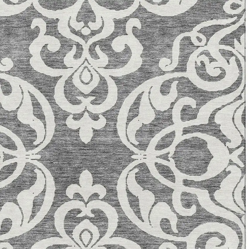 Gray And Ivory Damask Washable Area Rug With UV Protection Photo 2