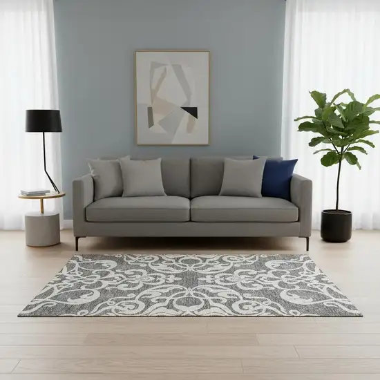 Gray And Ivory Damask Washable Area Rug With UV Protection Photo 2