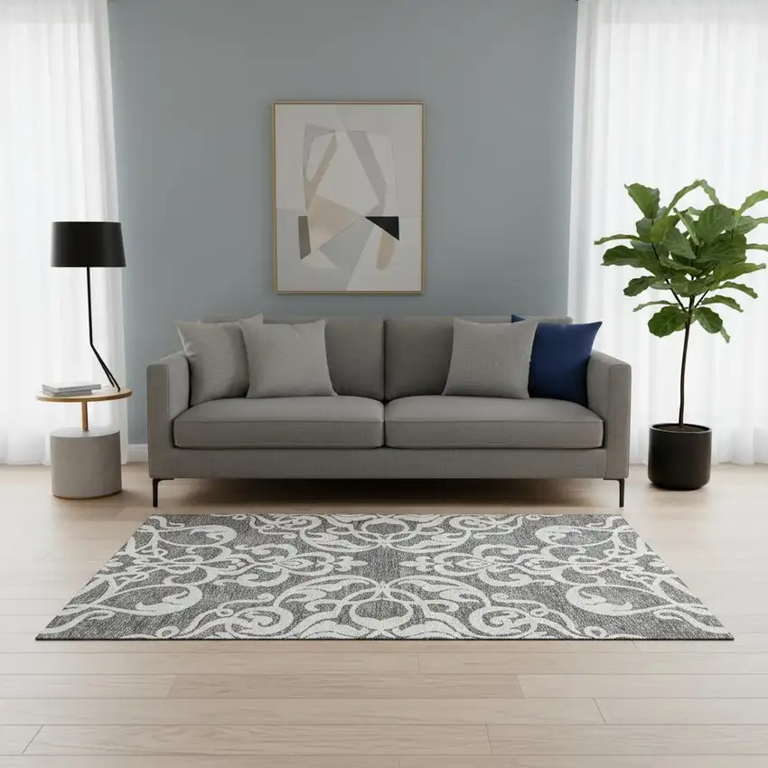 Gray And Ivory Damask Washable Area Rug With UV Protection Photo 2