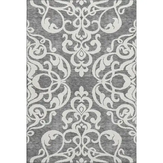 Gray And Ivory Damask Washable Area Rug With UV Protection Photo 1