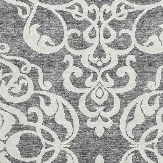 Gray And Ivory Damask Washable Area Rug With UV Protection Photo 2