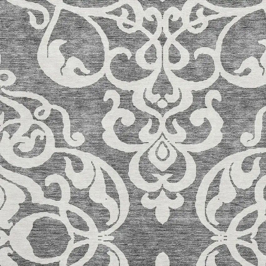 Gray And Ivory Damask Washable Area Rug With UV Protection Photo 2