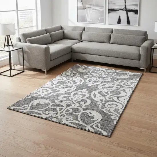 Gray And Ivory Damask Washable Area Rug With UV Protection Photo 2