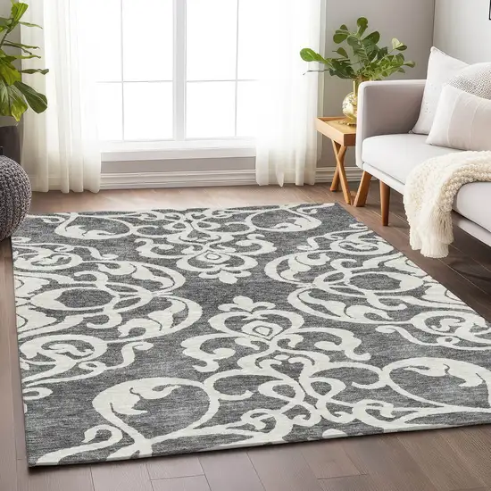 Gray And Ivory Damask Washable Area Rug With UV Protection Photo 4
