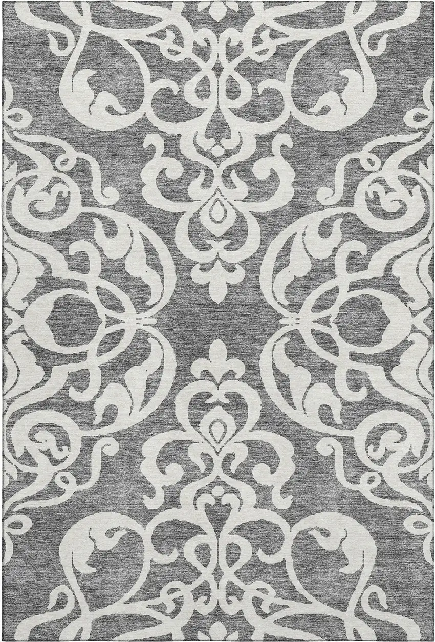 Gray And Ivory Damask Washable Area Rug With UV Protection Photo 1