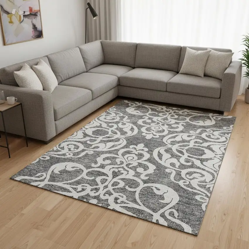 Gray And Ivory Damask Washable Area Rug With UV Protection Photo 2