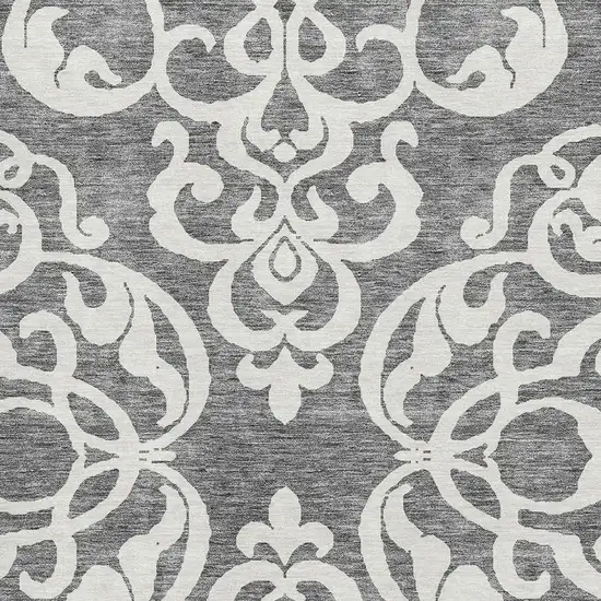 Gray And Ivory Damask Washable Area Rug With UV Protection Photo 2