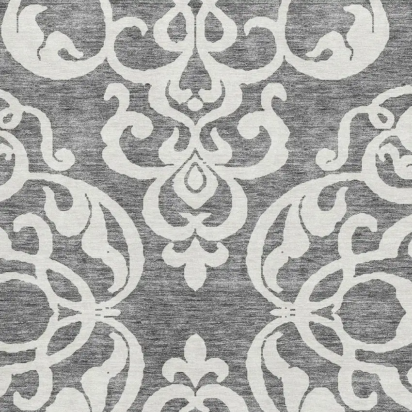 Gray And Ivory Damask Washable Area Rug With UV Protection Photo 2