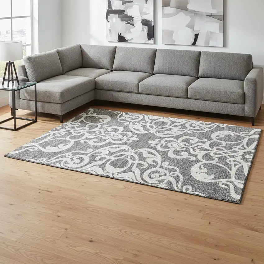 Gray And Ivory Damask Washable Area Rug With UV Protection Photo 2
