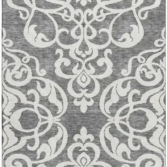 Gray And Ivory Damask Washable Area Rug With UV Protection Photo 2