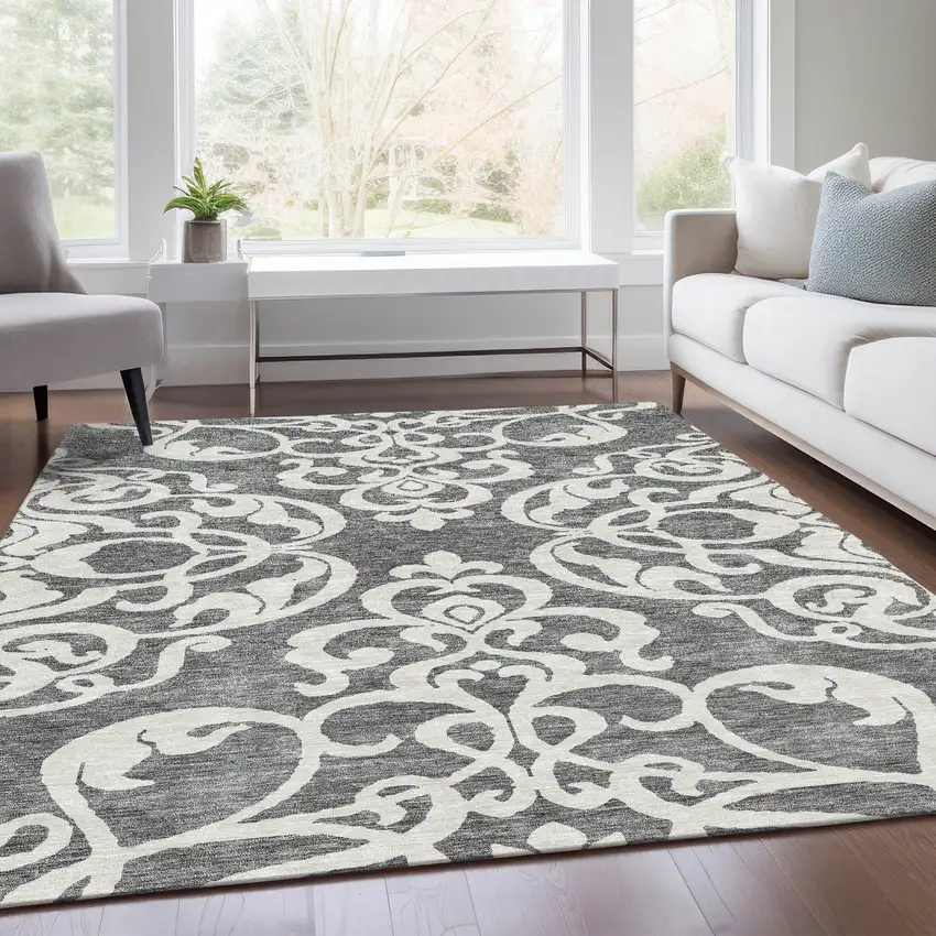Gray And Ivory Damask Washable Area Rug With UV Protection Photo 5