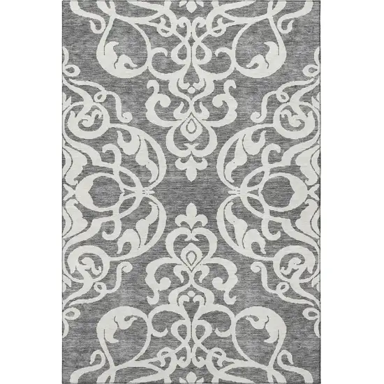 Gray And Ivory Damask Washable Area Rug With UV Protection Photo 3