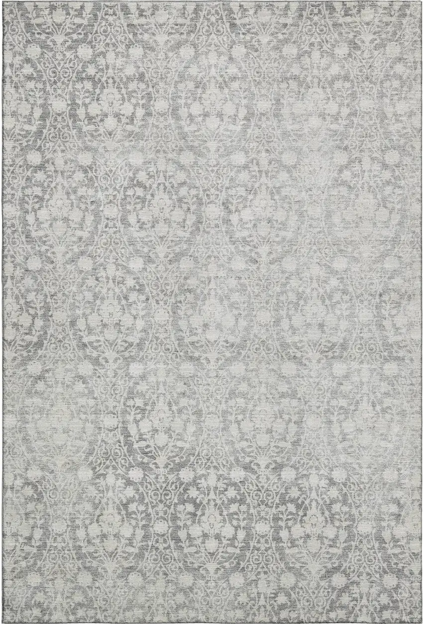 Gray And Ivory Damask Washable Area Rug With UV Protection Photo 1