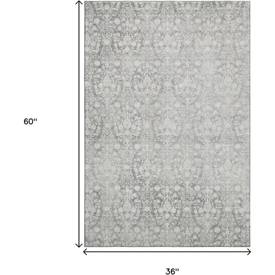 Gray And Ivory Damask Washable Area Rug With UV Protection Photo 9