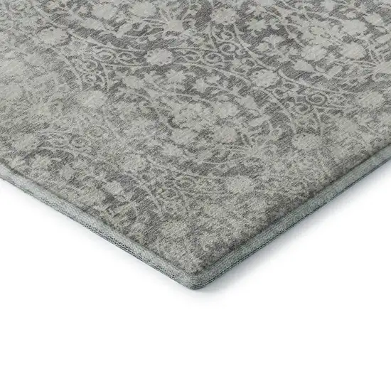 Gray And Ivory Damask Washable Area Rug With UV Protection Photo 6