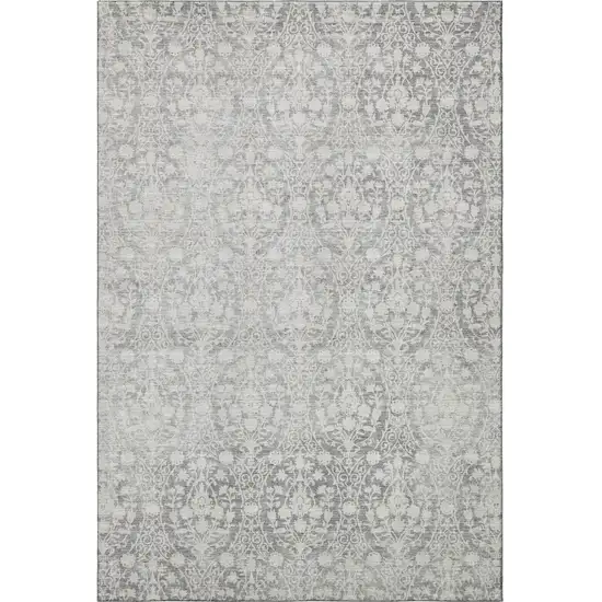 Gray And Ivory Damask Washable Area Rug With UV Protection Photo 2
