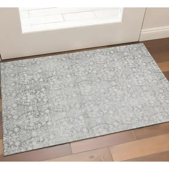 Gray And Ivory Damask Washable Area Rug With UV Protection Photo 1