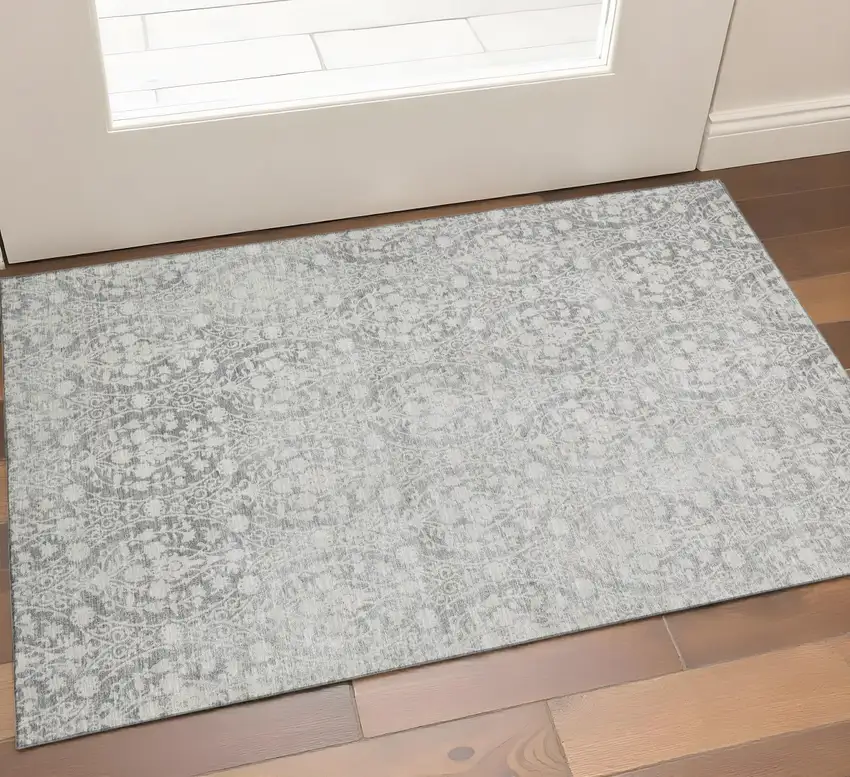 Gray And Ivory Damask Washable Area Rug With UV Protection Photo 1
