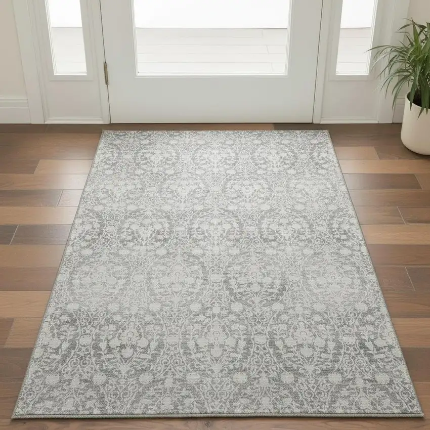 Gray And Ivory Damask Washable Area Rug With UV Protection Photo 2