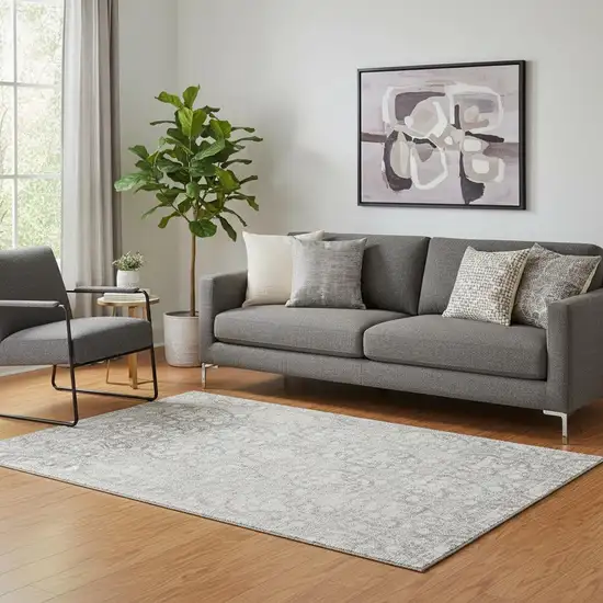 Gray And Ivory Damask Washable Area Rug With UV Protection Photo 2