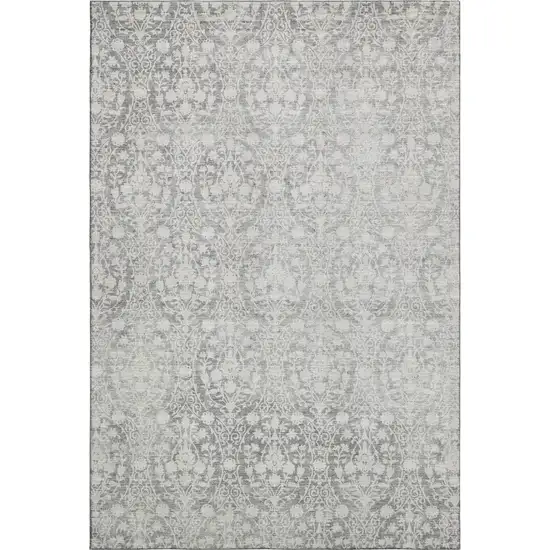 Gray And Ivory Damask Washable Area Rug With UV Protection Photo 1