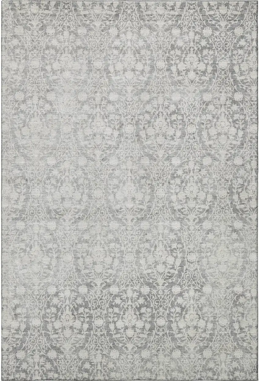 Gray And Ivory Damask Washable Area Rug With UV Protection Photo 3