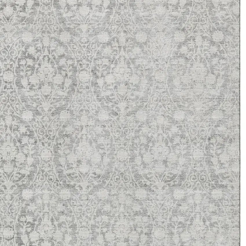 Gray And Ivory Damask Washable Area Rug With UV Protection Photo 2