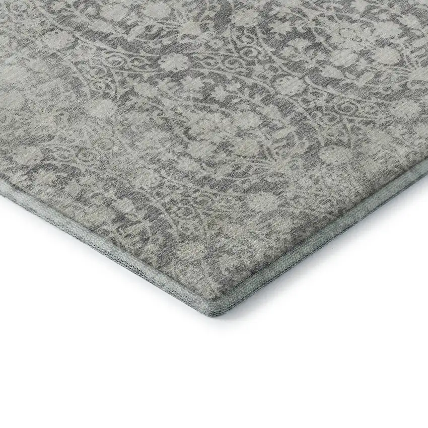 Gray And Ivory Damask Washable Area Rug With UV Protection Photo 7