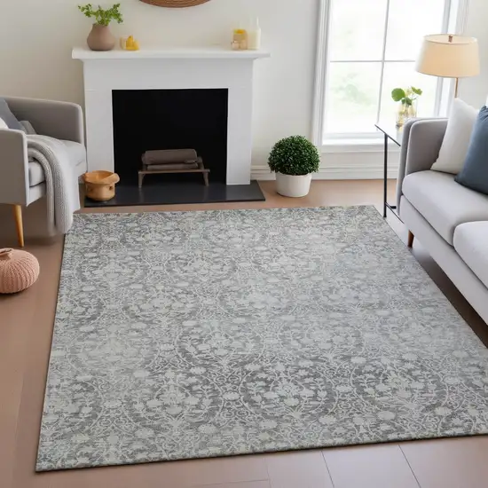 Gray And Ivory Damask Washable Area Rug With UV Protection Photo 4