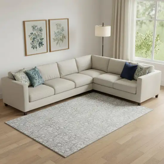 Gray And Ivory Damask Washable Area Rug With UV Protection Photo 2