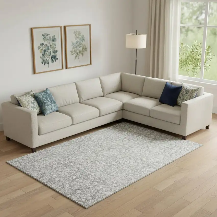 Gray And Ivory Damask Washable Area Rug With UV Protection Photo 2