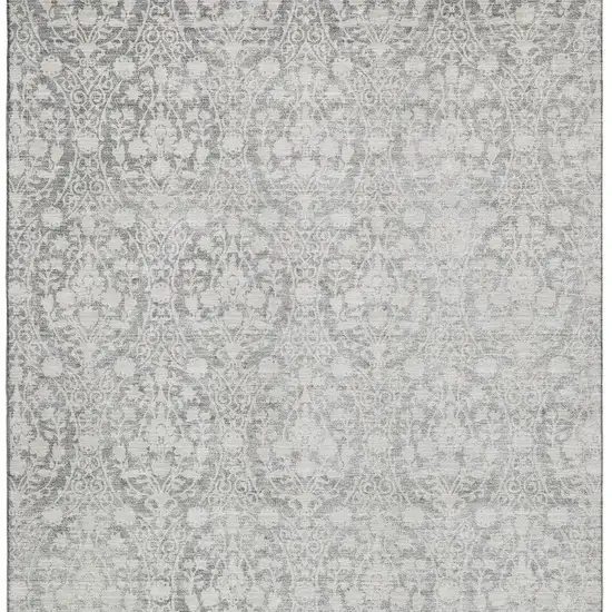 Gray And Ivory Damask Washable Area Rug With UV Protection Photo 3