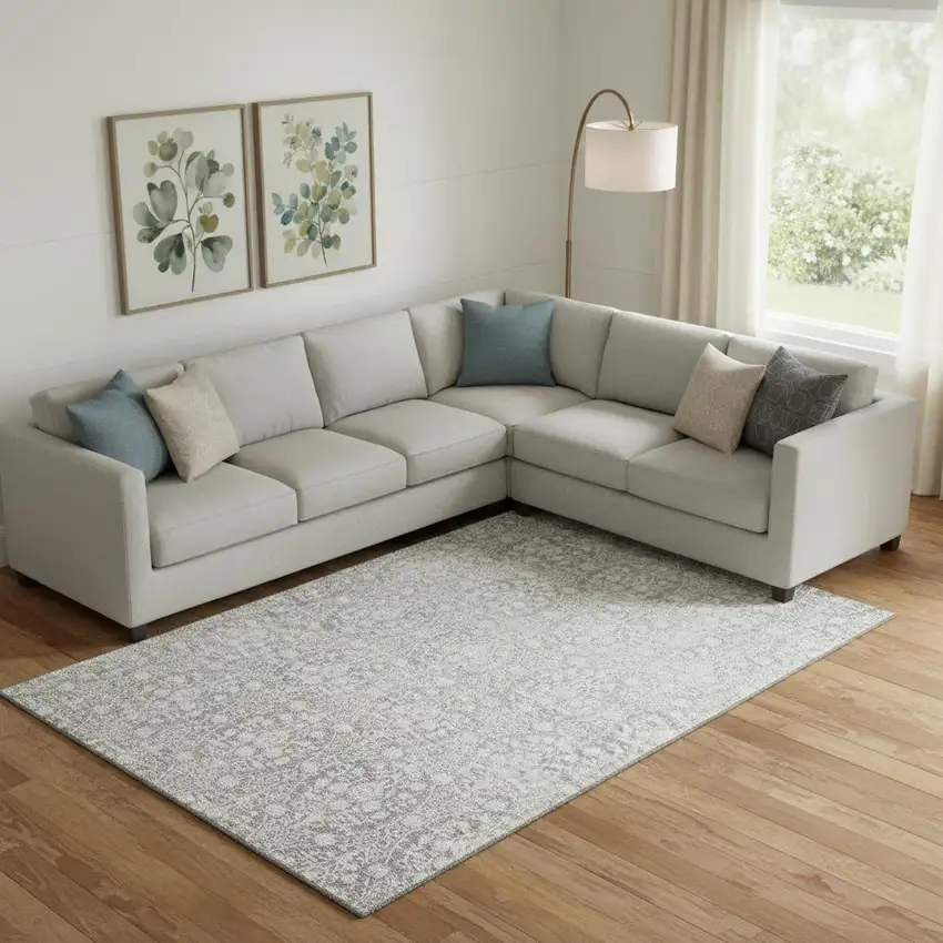 Gray And Ivory Damask Washable Area Rug With UV Protection Photo 2