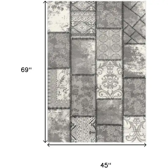 Gray And Ivory Damask Washable Area Rug Photo 3