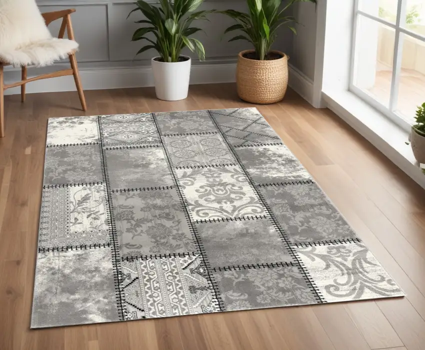 Gray And Ivory Damask Washable Area Rug Photo 1