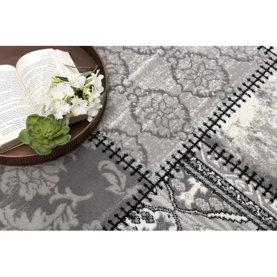 Gray And Ivory Damask Washable Area Rug Photo 7