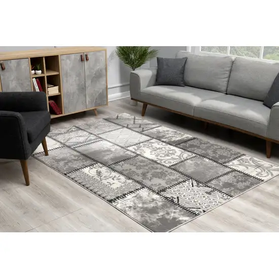 Gray And Ivory Damask Washable Area Rug Photo 6