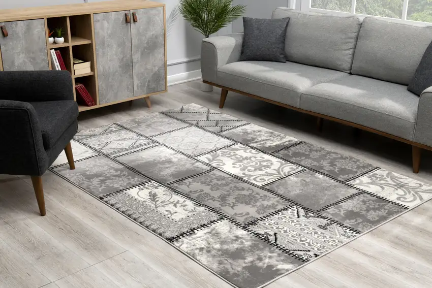 Gray And Ivory Damask Washable Area Rug Photo 6