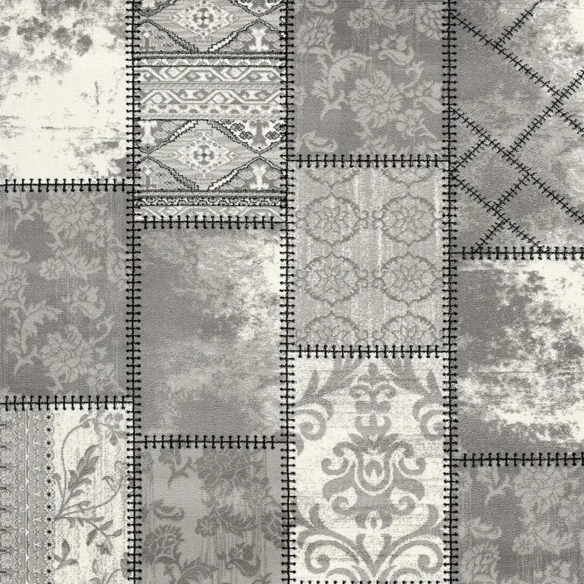 Gray And Ivory Damask Washable Area Rug Photo 5