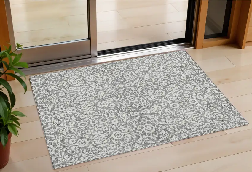 Gray And Ivory Damask Washable Indoor Outdoor Area Rug Photo 1