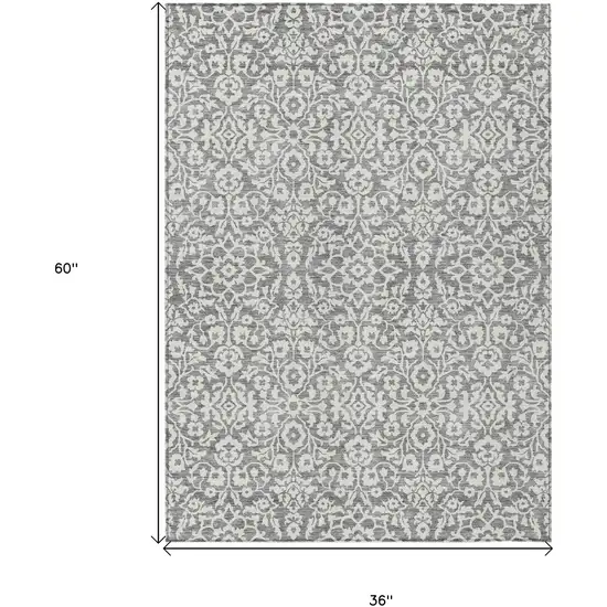 Gray And Ivory Damask Washable Indoor Outdoor Area Rug Photo 3