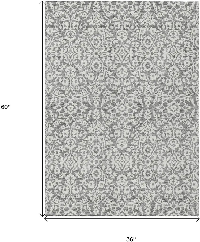 Gray And Ivory Damask Washable Indoor Outdoor Area Rug Photo 3