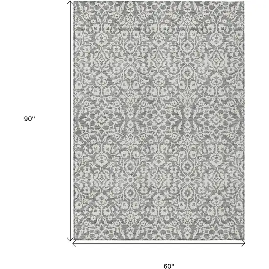 Gray And Ivory Damask Washable Indoor Outdoor Area Rug Photo 3