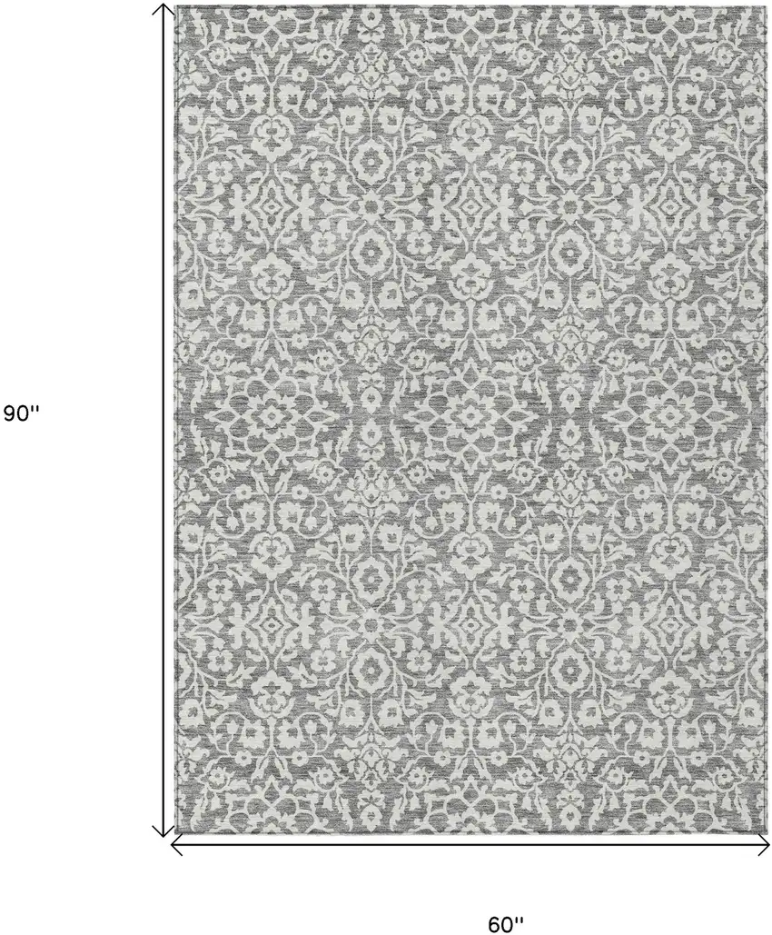 Gray And Ivory Damask Washable Indoor Outdoor Area Rug Photo 3
