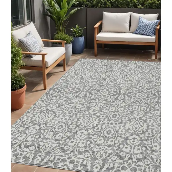 Gray And Ivory Damask Washable Indoor Outdoor Area Rug Photo 1