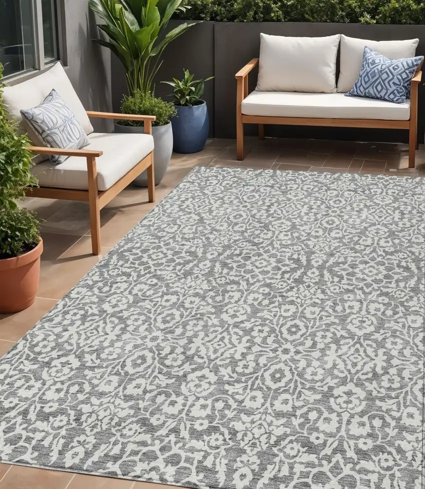 Gray And Ivory Damask Washable Indoor Outdoor Area Rug Photo 1