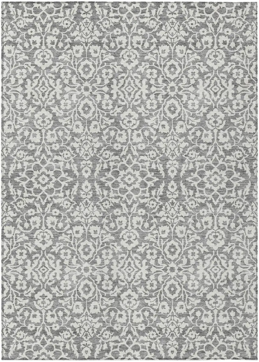 Gray And Ivory Damask Washable Indoor Outdoor Area Rug Photo 2