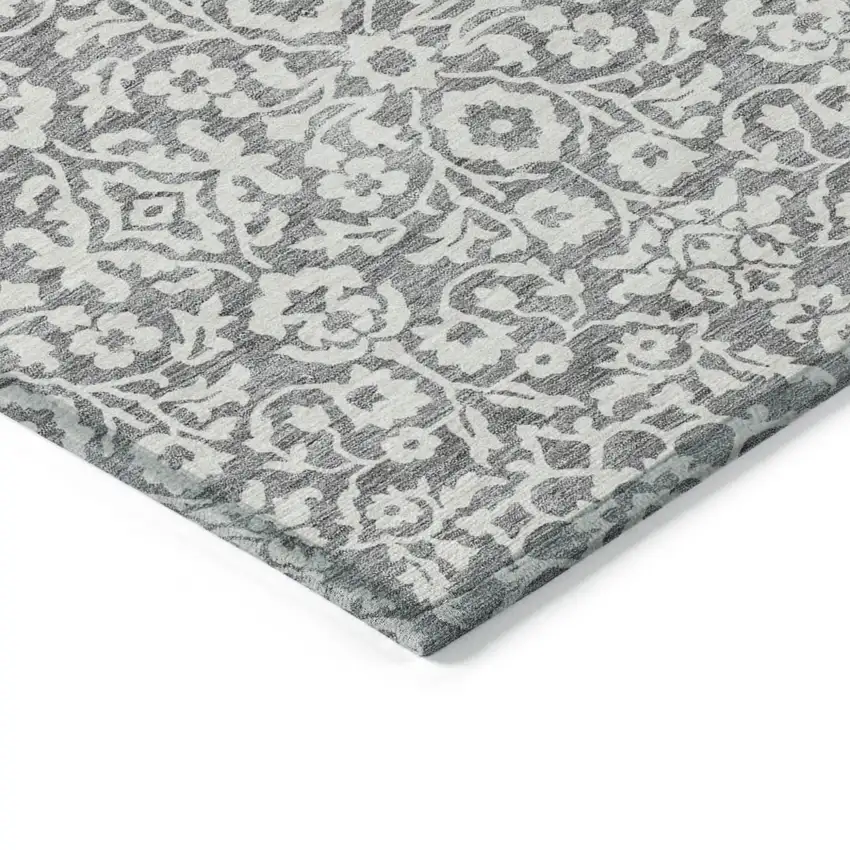 Gray And Ivory Damask Washable Indoor Outdoor Area Rug Photo 5