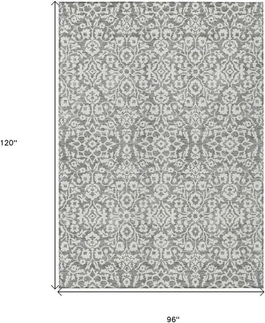 Gray And Ivory Damask Washable Indoor Outdoor Area Rug Photo 3