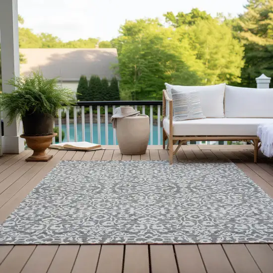 Gray And Ivory Damask Washable Indoor Outdoor Area Rug Photo 9